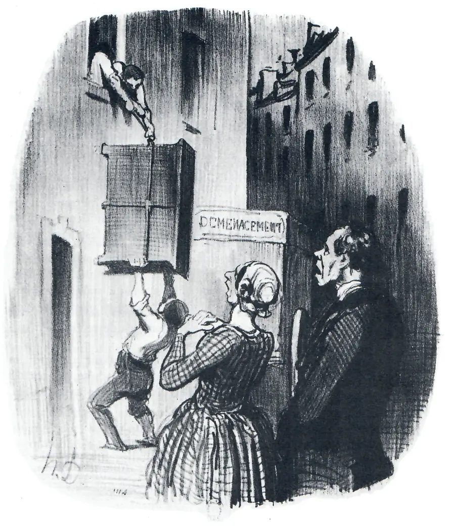 Illustration ancienne d'un déménagement : des porteurs descendent un meuble d'un immeuble